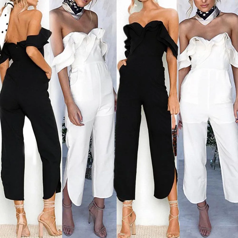 

1Pc 2019 Summer New Ruffle Trim Sleeveless Bodysuit Vintage Fashion Solid Loose Jumpsuit Elegant White Bodysuit Women Hot Sale