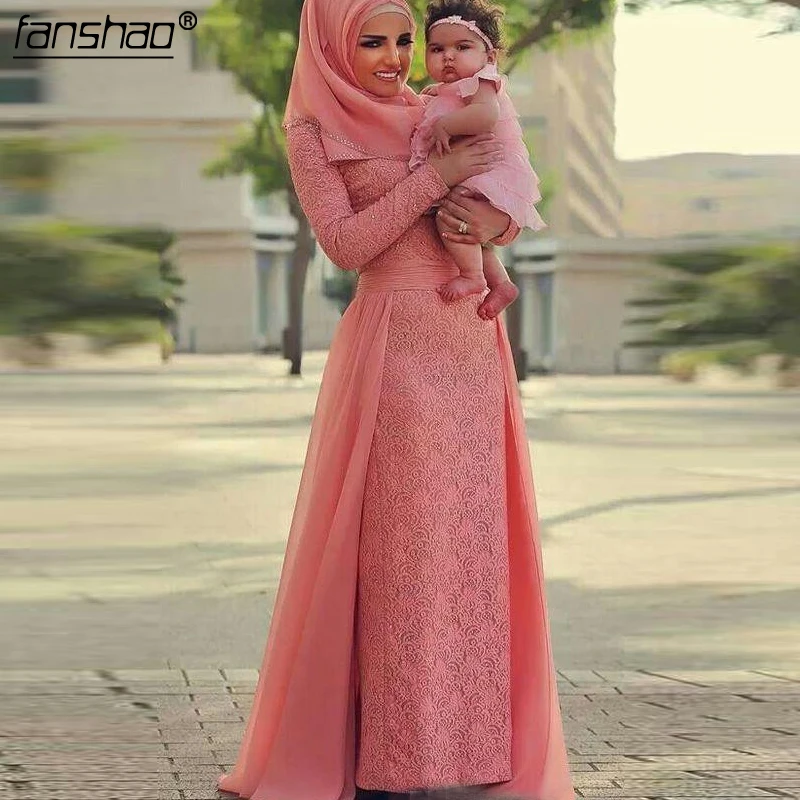 

Peach Muslim Evening Dresses Mermaid High neck Lace Detachable Scarf Hijab Dubai Saudi Arabic Evening Gown Prom Dress