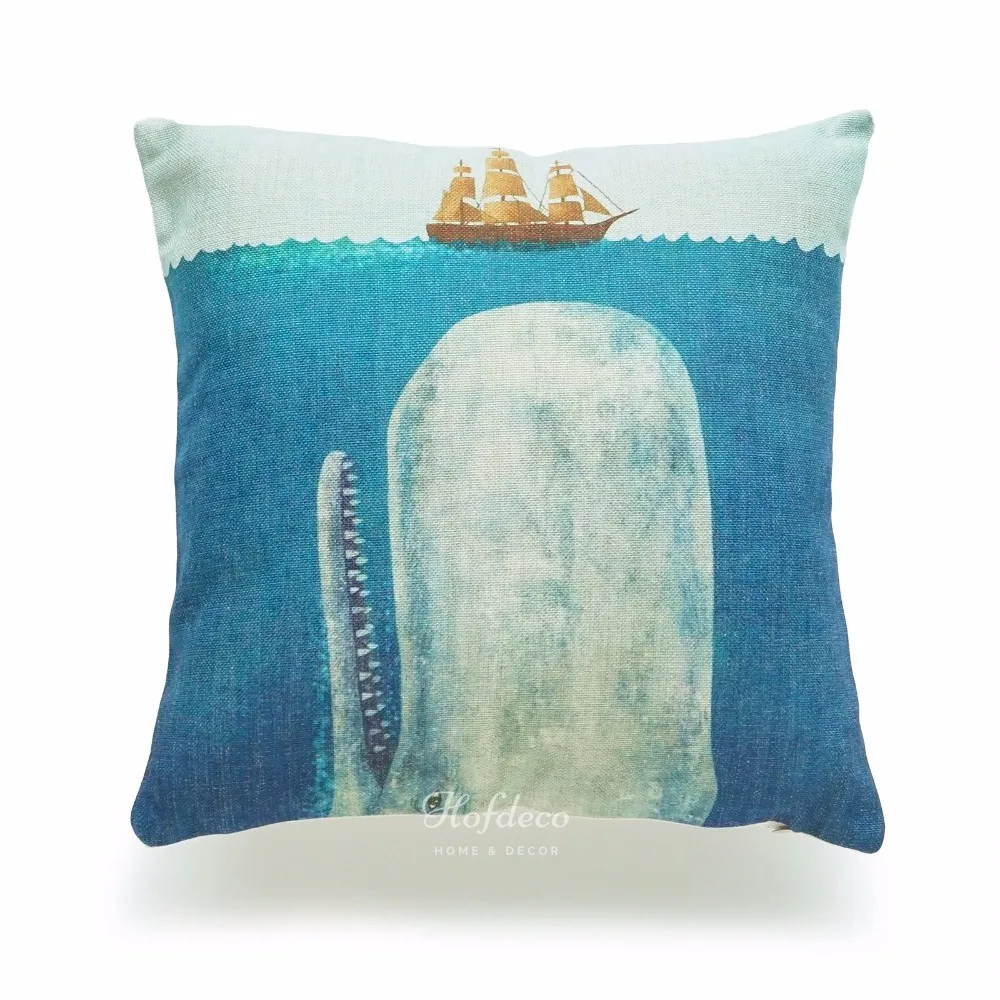 Decorative Throw Pillow Case White Whale Moby Dick Ship Sea Nautical Cotton Linen HEAVY WEIGHT ...