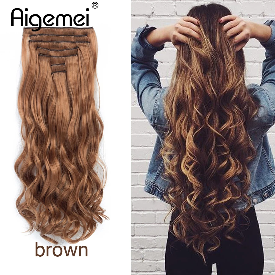 Aigemei 20 дюймов 155 г длинные вьющиеся 20 зажимов в накладных волосах для укладки синтетических волос для наращивания волос 7 шт./компл. мягкий естественный черный