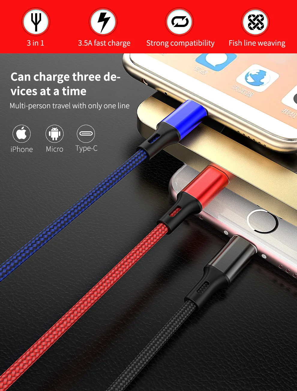 3 в 1 type C/8 Pin/Кабель зарядного устройства микро-usb для iPhone X универсальный кабель быстрой зарядки для samsung S9 S8 Xiaomi зарядное устройство Шнур