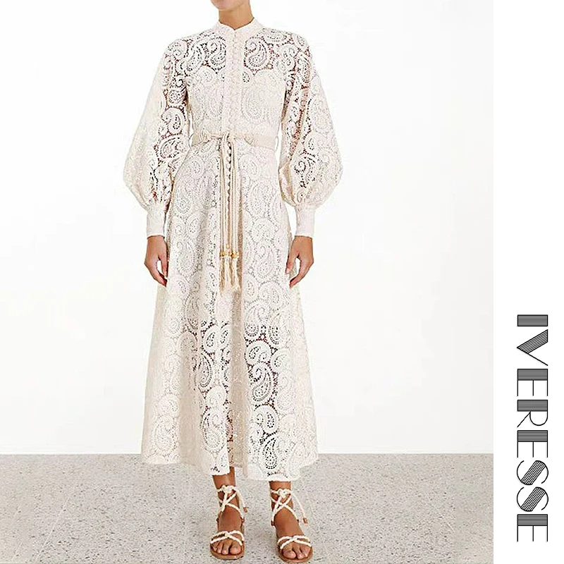 

IVRESSE Apricot Hollow Hook Flower Elegant Dress Festa Women Lantern Long Sleeve Maxi Dress Button Autumn Lace Up Retro Dresses