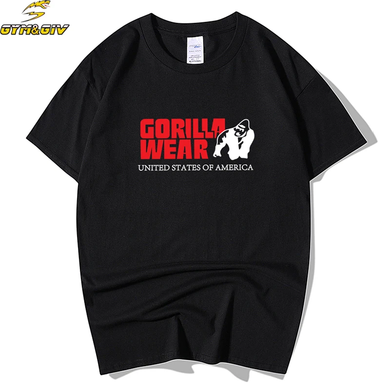 

2018 New Fashion Brand Men T-shirt Gorilla Wear Print Solid Color Muscle Tops Mens Short Sleeves Straight Male Loose Cotton