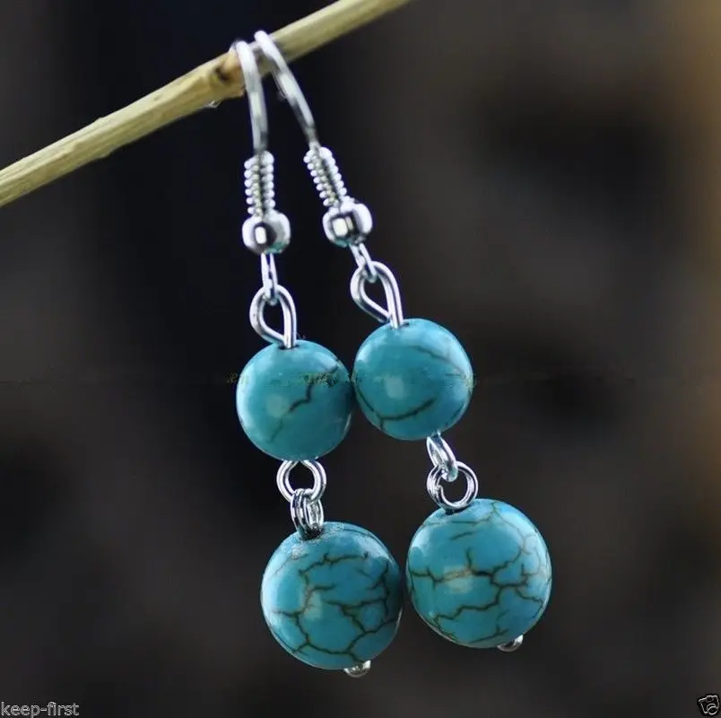 

FREE SHIPPING>>> s New Turquoise Blue Round Ball 925 Sterling Silver Dangle Earrings