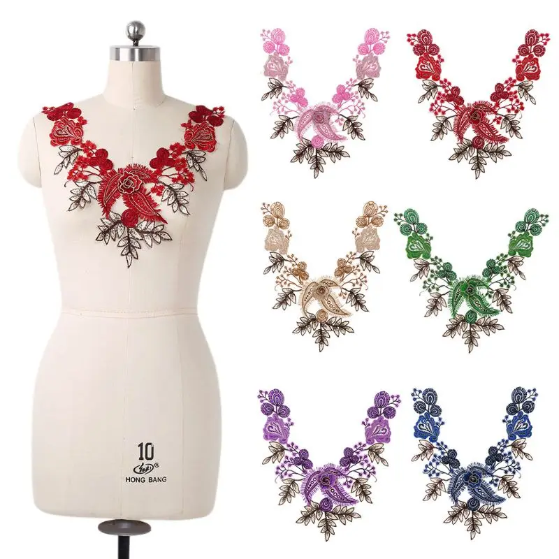 

1Pc Flower Leaves Embroidery Neckline Colored Hollow Out Lace Collar Applique For Contrast Color Patch Wedding Bridal Dress