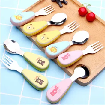 

2 pcs/set Cute Baby Kids Feeding Spoon Fork Stainless Steel Baby Spoon Flatware Print Cartoon Tableware With Anti-slip Handle