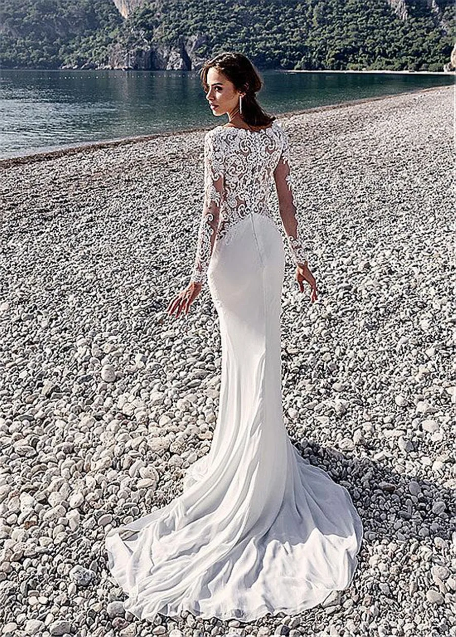 

Long Sleeves Chiffon V-Neck Mermaid Lace Appliques See Through Boho Wedding Dress Gown Sofuge Vestido De Noiva Dubai Arabic