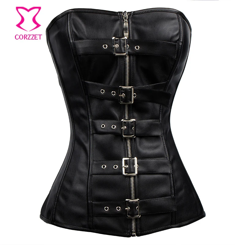 

Black Gothic Clothing Faux Leather Overbust Corselet Corset Zipper Buckle Front Punk Korsett For Women Sexy Corsets And Bustiers