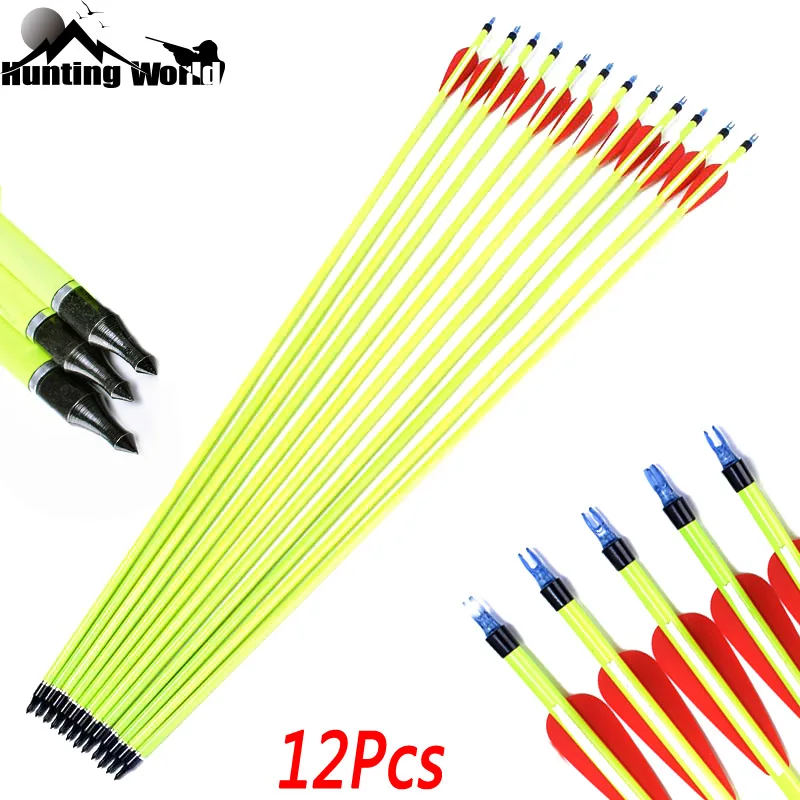 

Archery 12Pcs 30" Yellow Carbon Arrows Rubber Feather with Replaceable Steel Arrowhead for Recurve Compound Bow Shooting Hunting