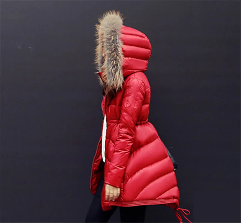 Женский пуховик, зимняя куртка, корейский стиль, тонкий, элегантный, длинный пуховик, парка, мех, с капюшоном, пальто для женщин, Mujer Abrigo ST352
