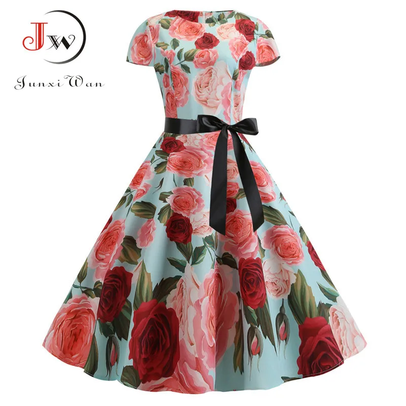 

2019 Summer Women Dress White Retro Robe Vintage Dresses 50s 60s Rockabilly Pin Up Floral Print Swing Dress Vestidos Plus Size