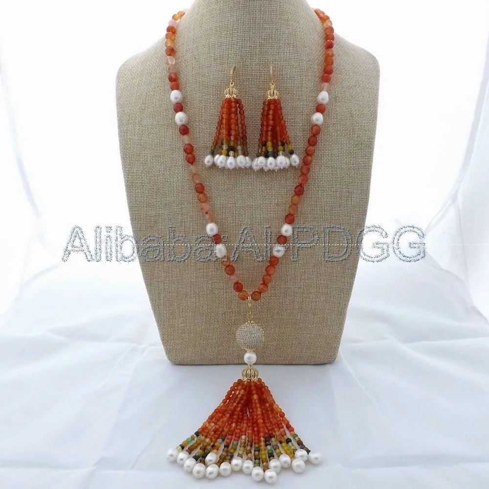 

Orange Stone White Pearl Necklace Earrings Sets