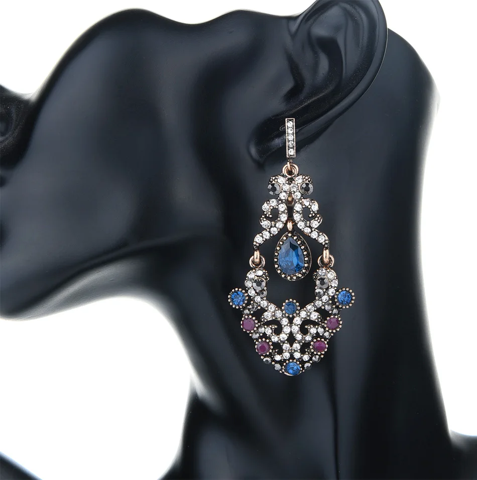 Винтажные серьги с голубыми кристаллами в стиле ретро, длинные Этнические турецкие серьги с качающимся крючком, роскошные женские свадебные ювелирные изделия принцессы
