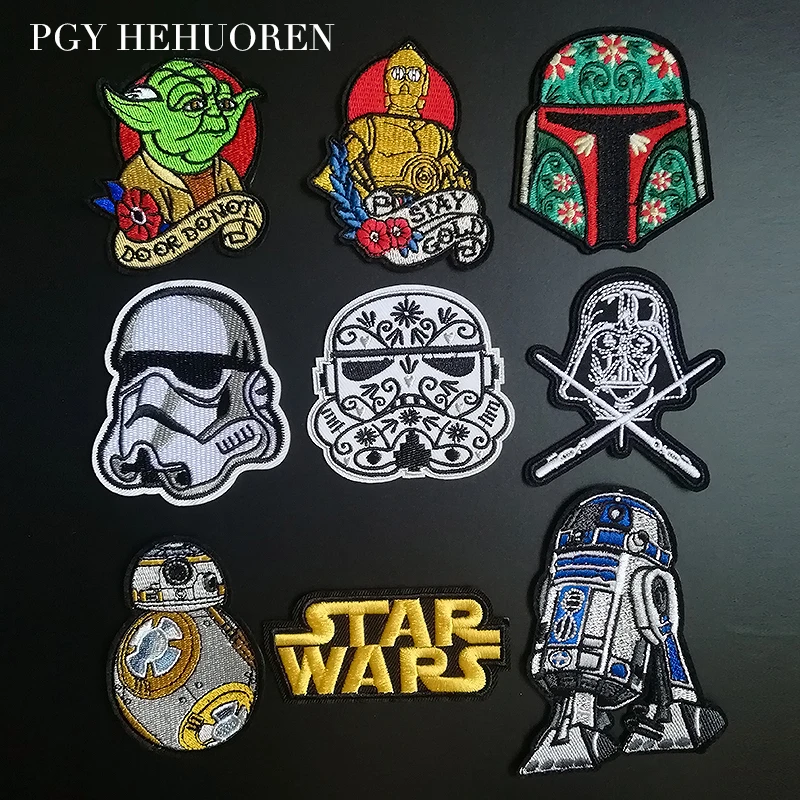 

PGY Fine Embroidered Star Wars Robot Iron On Patches Yoda Storm Trooper Force Awakens Clothes Patch Space Badges Accessories H