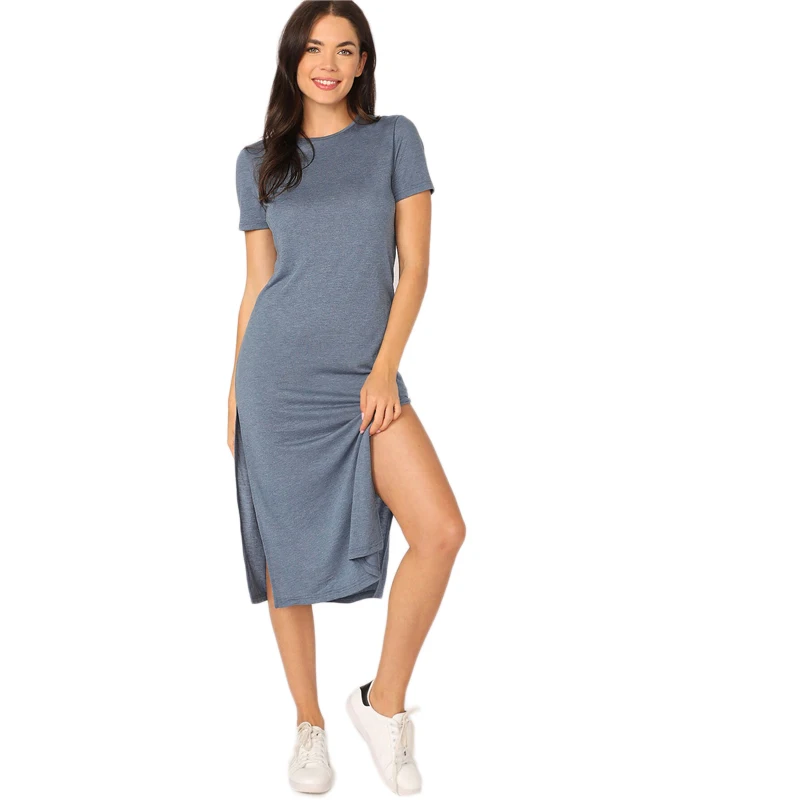 SweatyRocks Solid Split Side Tee Dress Summer Streetwear Blue Dresses Women Casual Short Sleeve Long Dress