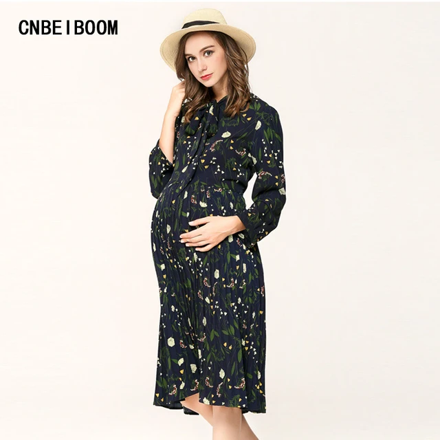 Maternity Dress Autumn And Spring Pregnancy Clothes Pastoral Style Bow Tie Printing Flower Long Sleeves Maternity Dress Autumn And Spring Pregnancy Clothes Pastoral Style Bow Tie Printing Flower Long Sleeves