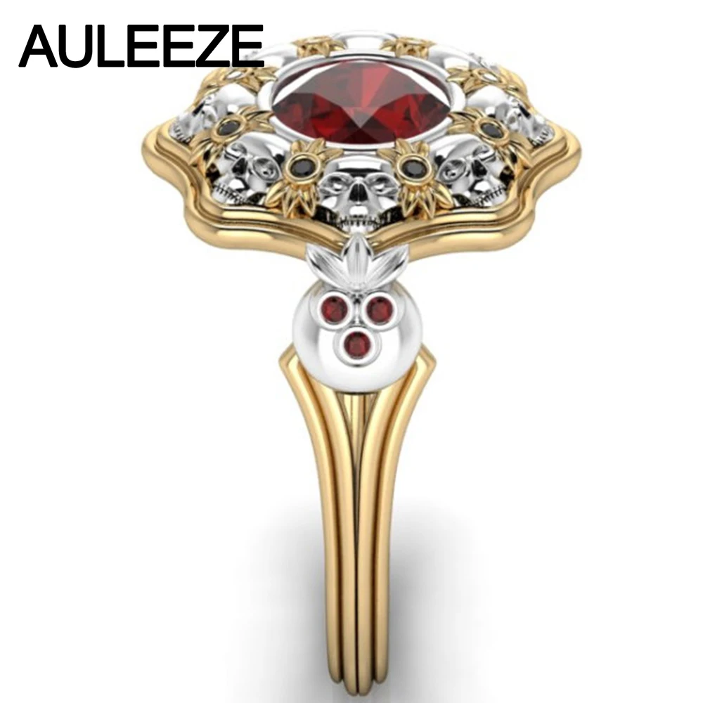 

Halloween Flower Solid 10K Two Tone Gold Engagement Ring Unique Skull Natural Red Garnet Ring Real Gemstone Party Ring