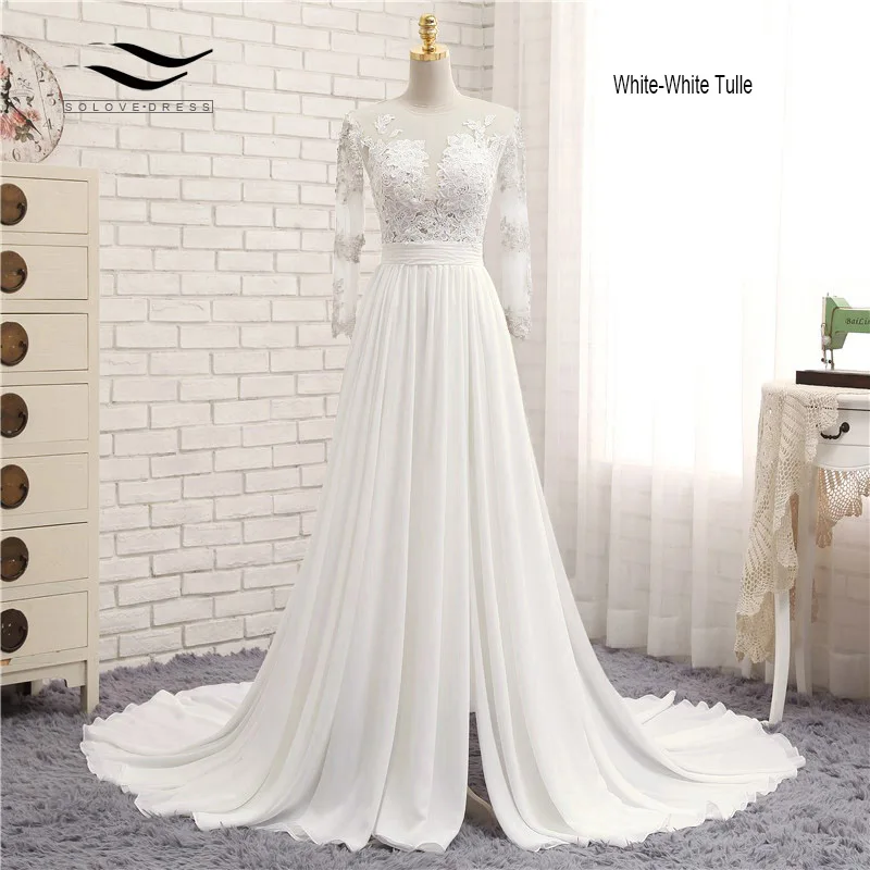 Аппликации сексуальное шифоновое свадебное платье с v-образным вырезом с длинным шлейфом на молнии, кружевное платье трапециевидной формы для пляжа, свадебное платье с длинными рукавами, свадебное платье SLD-W593 - Цвет: Белый