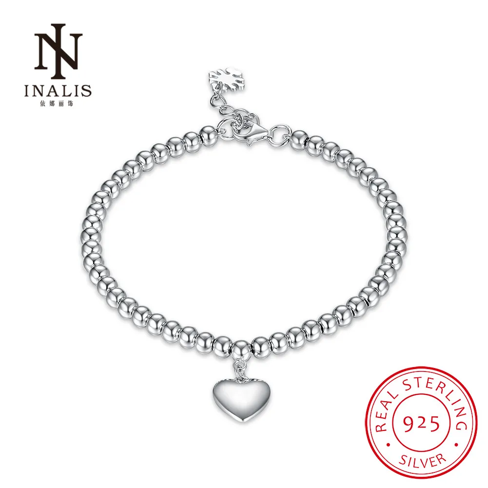 INALIS Fashion 925 Sterling Silver Heart Shape Beaded Bracelet Trendy Wedding Fine Jewelry Charm Gift For