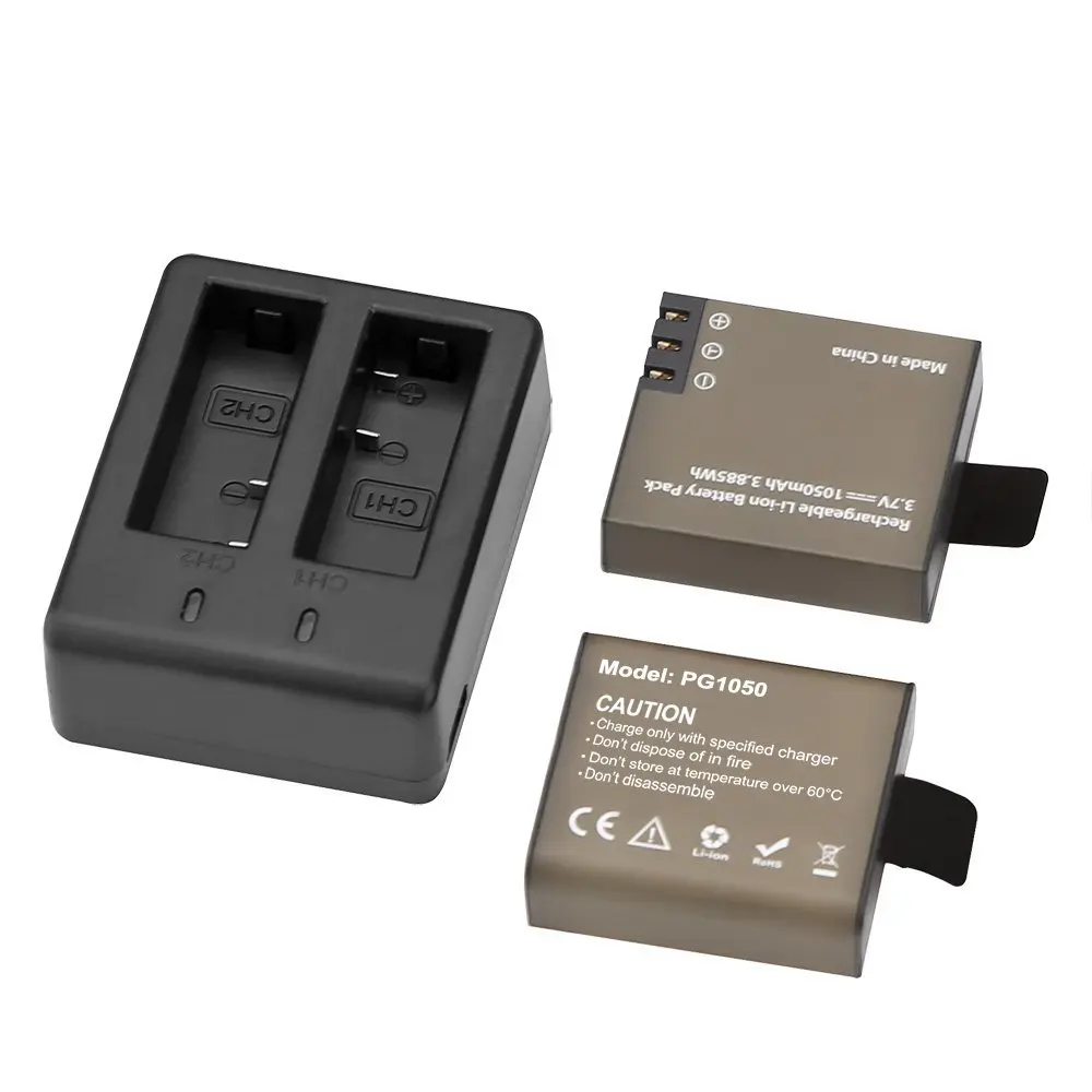 2pcs PG1050 Batteries + Dual USB Charger For SJCAM SJ4000 sj8000 sj9000 H9 H9R H8 H8R H8PRO SOOCOO C30 Sport Camera