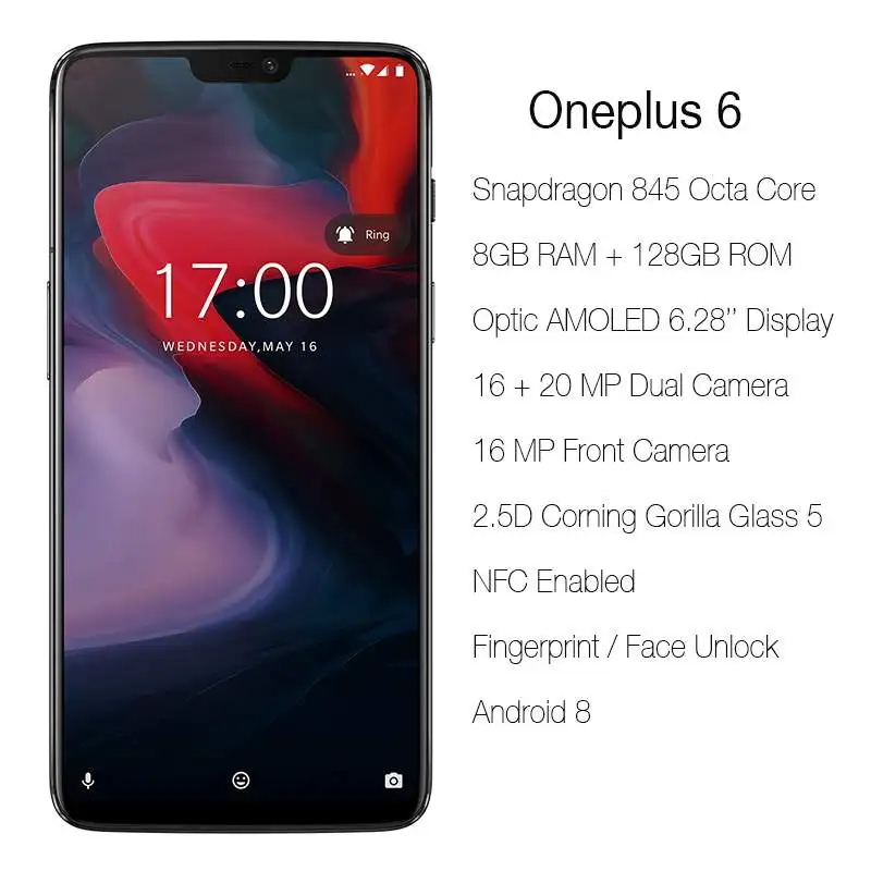 OnePlus 6 смартфон с восьмиядерным процессором Snapdragon 845 ОЗУ 8 ГБ ПЗУ 128 20 Мп + 16