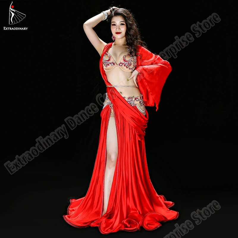 Женский Карнавальный костюм для танца живота, сексуальный бюстгальтер, юбка, пояс, сценические костюмы, одежда для восточных танцев, зеленый, красный, 2 цвета
