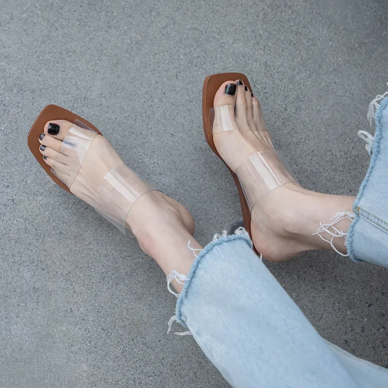 

2019 New Arrival Women Mules Ladies Crystal High Heels Clear PVC Mules Female Summer Leisure Slides Women Shoes