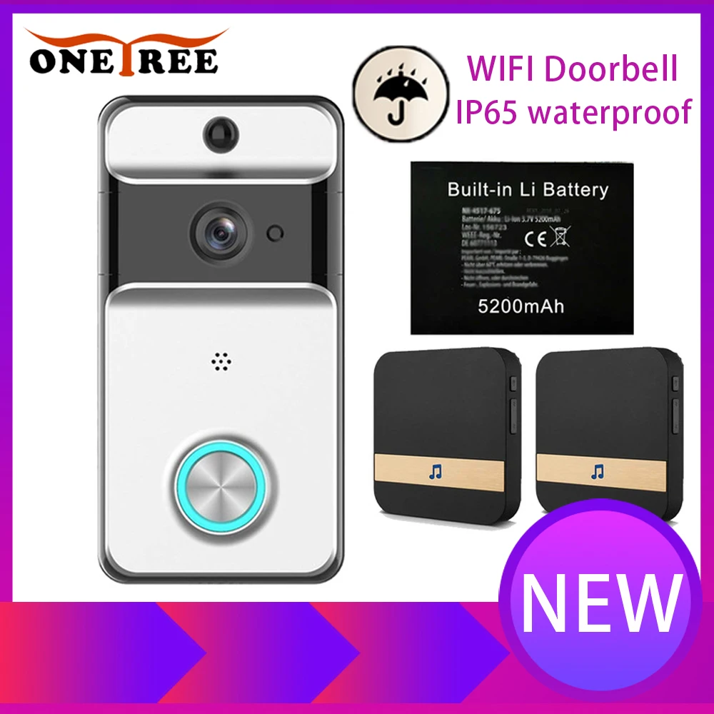 

Onetree Waterproof Wireless Doorbell Low power Wifi Video Door Phone Intercom Camera with 5200mAh battery EU/US/AU/UK Plug Chime