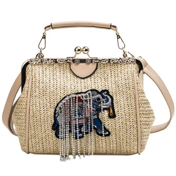 

LJL-Woven Beach Bag Female New Straw Bag Elephant Embroidery Fashion Shoulder Messenger Bag