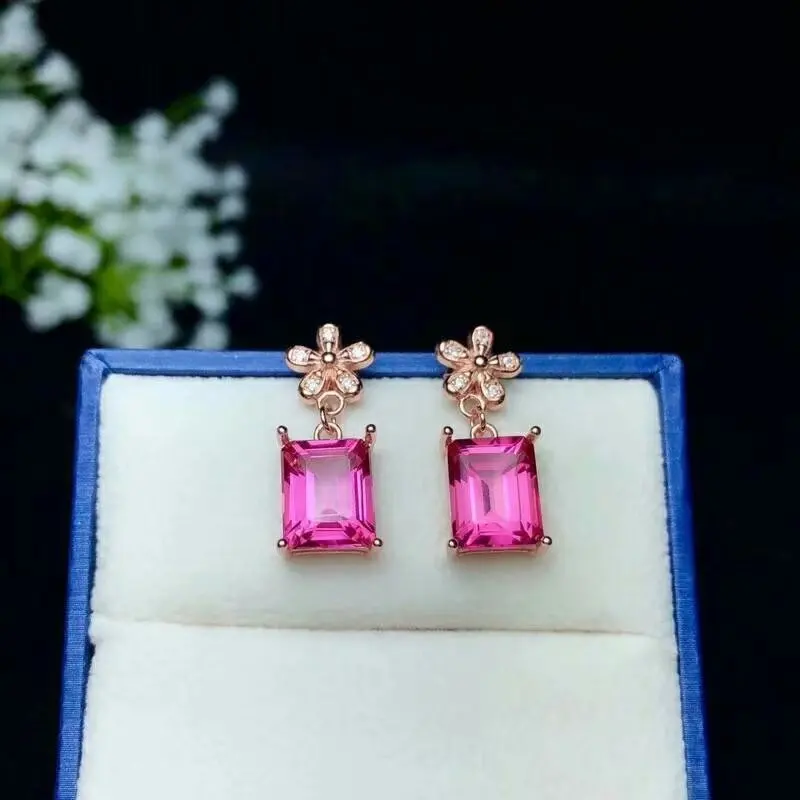 

shilovem 925 silver sterling Stud Earrings natural topaz pink woman trendy fine new plant party gift Jewelry be081009agfb