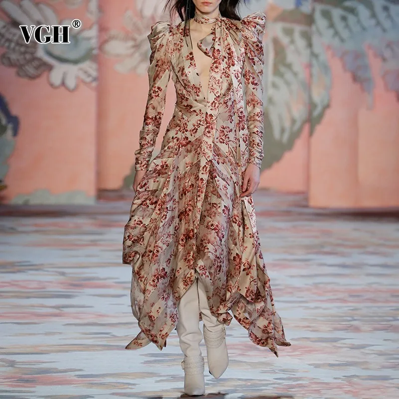 

VGH Summer Print Ankle-length Women Dress V Neck Puff Long Sleeve Bandage Bow Hem Asymmetrical 2019 Female Dresses Fashion New