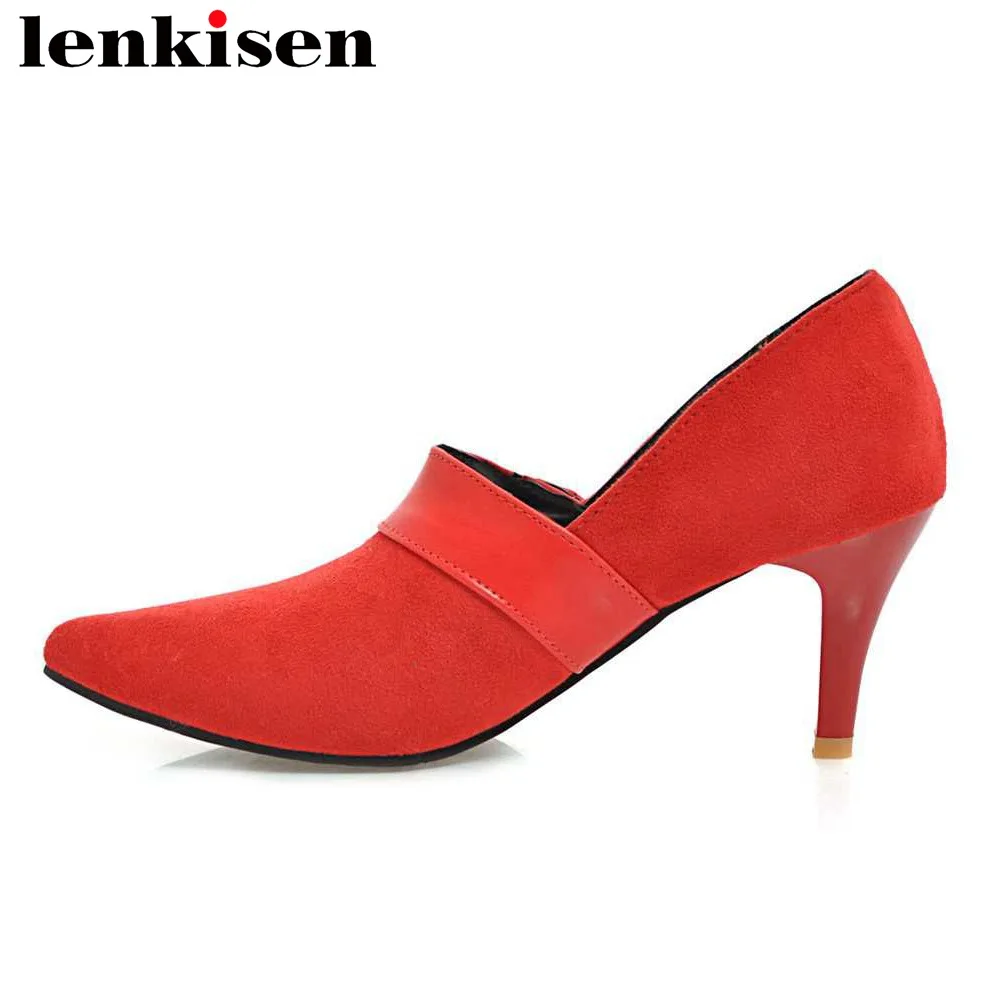 

Lenkisen 2018 crystal button plus size pointed toe slip on pu brand Spring shoes high heels mature concise style women pumps L31