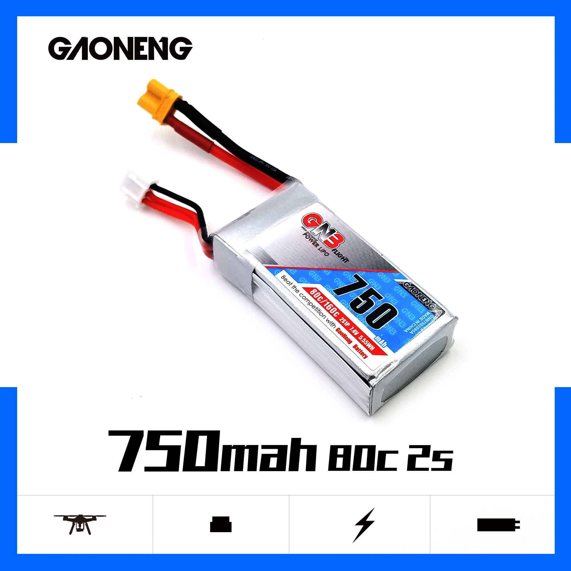 

4PCS Gaoneng GNB 7.4V 750mAh 80C/160C 2S Lipo Battery XT30 Plug for RC FPV Racing Cine Whoop BetaFPV Drone