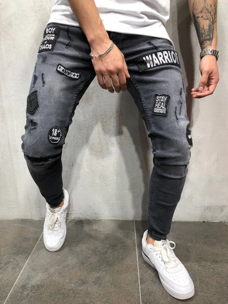 Новая мода осень зима мужские рваные джинсы с вышивкой серые хип-хоп облегающие мужские джинсы мужские облегающие мужские джинсы - Цвет: Black