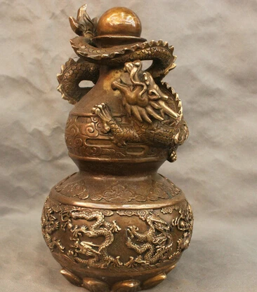 

013" Chinese Pure Bronze Feng Shui Dragon Winding Gourd Dragon Ball Lucky Statue