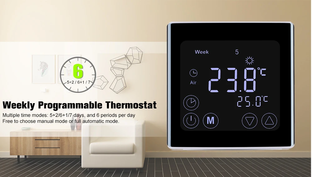 Floureon Еженедельный программируемый термостат для подогрева полов 220V 16A с сенсорным ЖК-экраном комнатный термостат регулятор