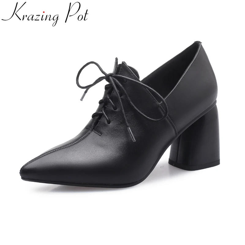 

2019 new arrival cow leather brand solid high heels pointed toe women pumps lace up mature classic spring office lady shoes L08