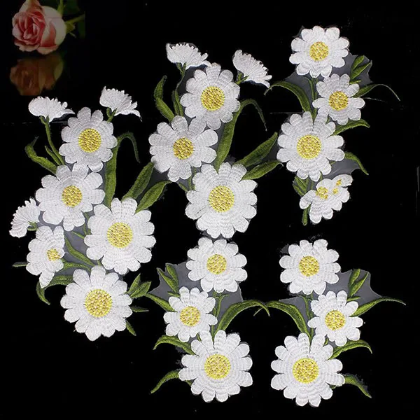 

white sunflower 5pcs applique patches for clothing fabric badge fabric embroidered patches for clothes parches para la ropa