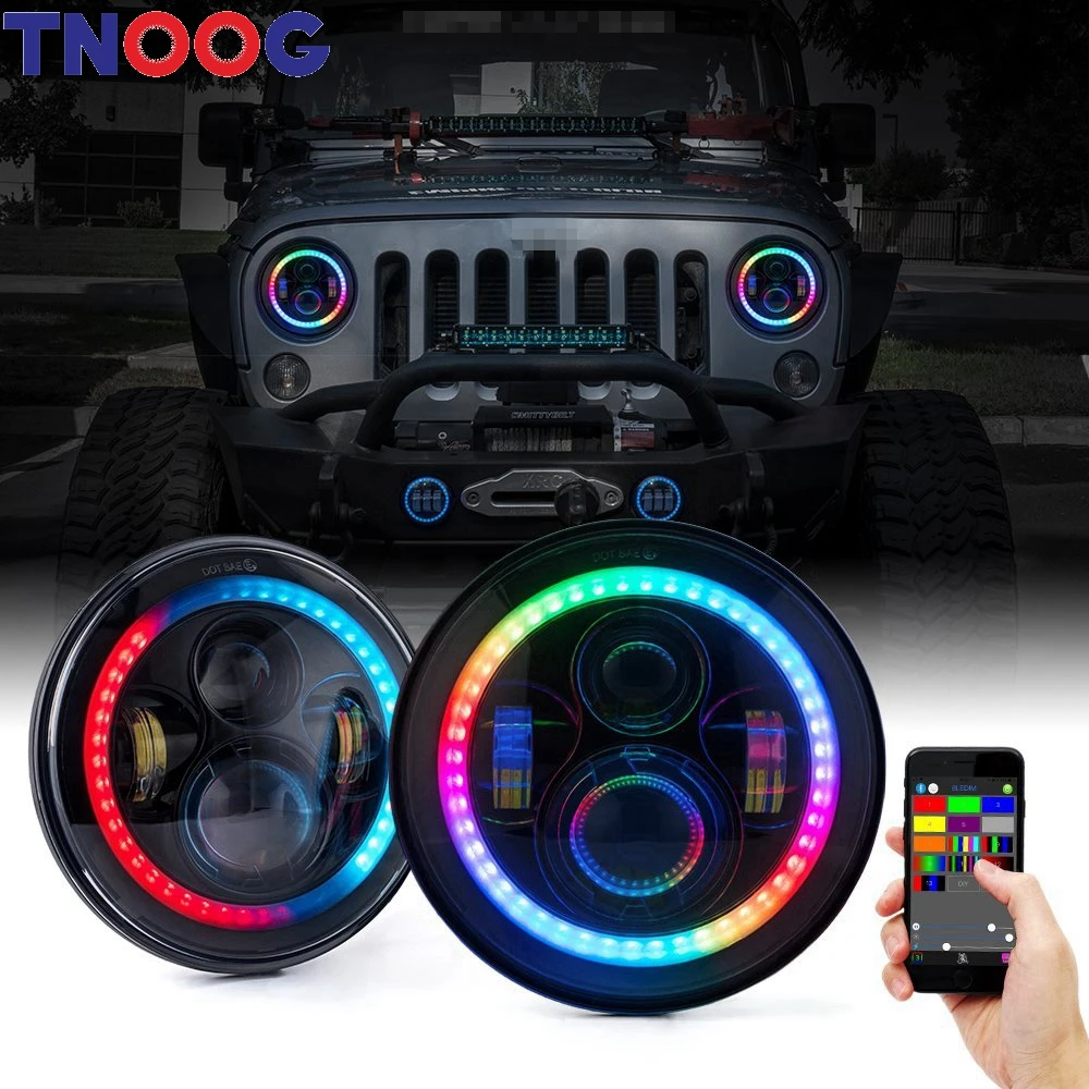 TNOOG 7 дюймов светодиодный фар RGB Halo Кольцо Ангельские глазки и янтарный поворота с