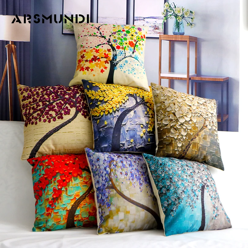 

Floral Tree Linen Cushion Cover Waist Back pillow Cover Soft Living Room Use Cute Pastoral Style Home Decorative Pillow Case