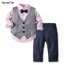 Топ и топ, весенне-осенняя одежда для маленьких джентльменов костюм из 3 предметов, жилет+ рубашка+ штаны, детская официальная одежда для свадьбы
