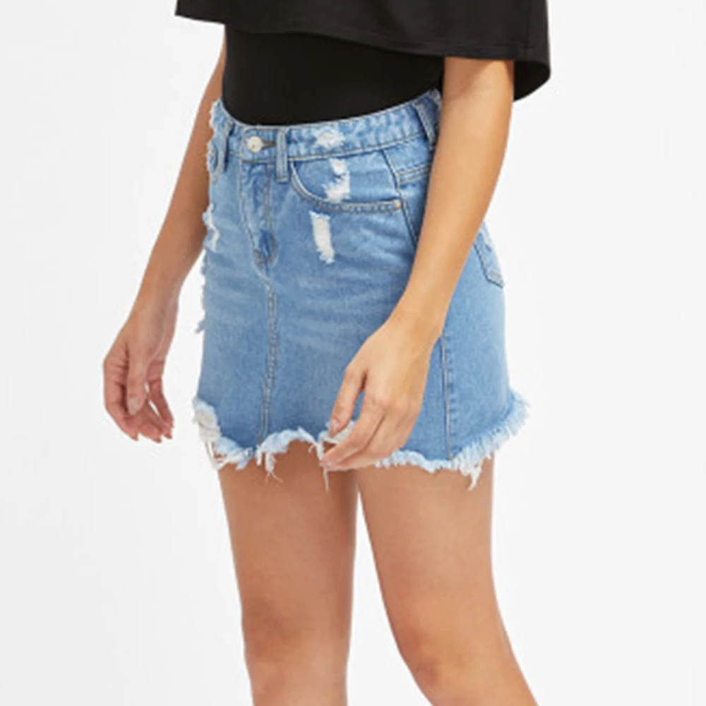 

Laamei Blue Ripped Casual Mini Denim Skirt Summer New Bodycon Women Skirt Basic Pocket Jeans Skirt Mid Waist Holes Skirt 2019
