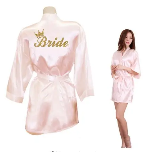 Bride Crown Team Bride Golden Glitter Print Kimono Robes Faux Silk Women Bachelorette Wedding Preparewear pin