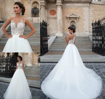 

2019 New Milla Nova Illusion Wedding Dresses Vintage Appliqued Jewel Backless Bridal Gowns Soft Tulle Sweep A-Line Wedding