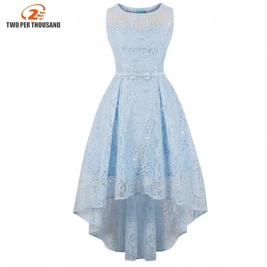 

S-4XL Plus Size Blue Dress Cheap Scoop Neck Lace Asymme Sleeveless Tea Length Wedding Party Formal Dresses