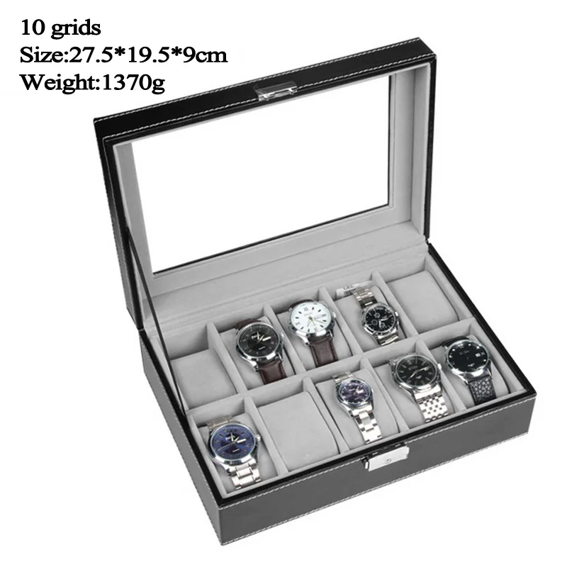 Top Sselling 6/10/12 Grids PU Leather Watch Boxes Storage Organizer Box Luxury Jewelry Display Watch Case Black Free Shipping