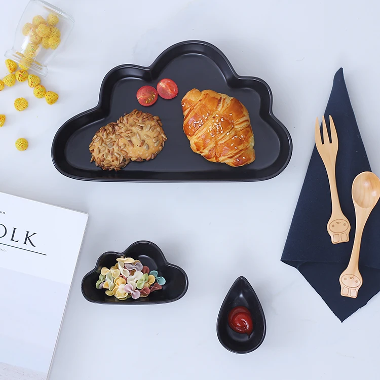 Керамическая тарелка соусник в скандинавском облаке с дизайном дождя для детей, фарфоровая Кондитерская тарелка для закусок, тарелка для детского торта, набор посуды - Цвет: 3pcs Black Dish Set