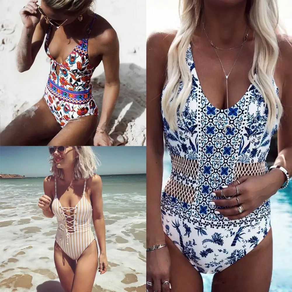 

2018 New Sexy One Piece Swimsuit Women Vintage Swimwear Female Floral Print Summer Bodysuit Beachwear Bathing Suit Monokini Swim