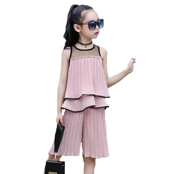 

2018 Summer Girls Chiffon Sport Clothes Set Sleeveless+Pants Kid School Cute Princess Lace Sleeveles Clothes Set