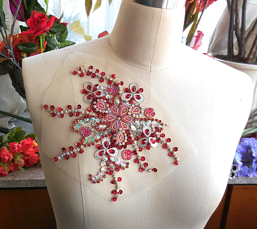 bi.Dw.M Red Crystal Rhinestone Beaded Applique Patches 16x20cm Embroidery Appliques For Sew On